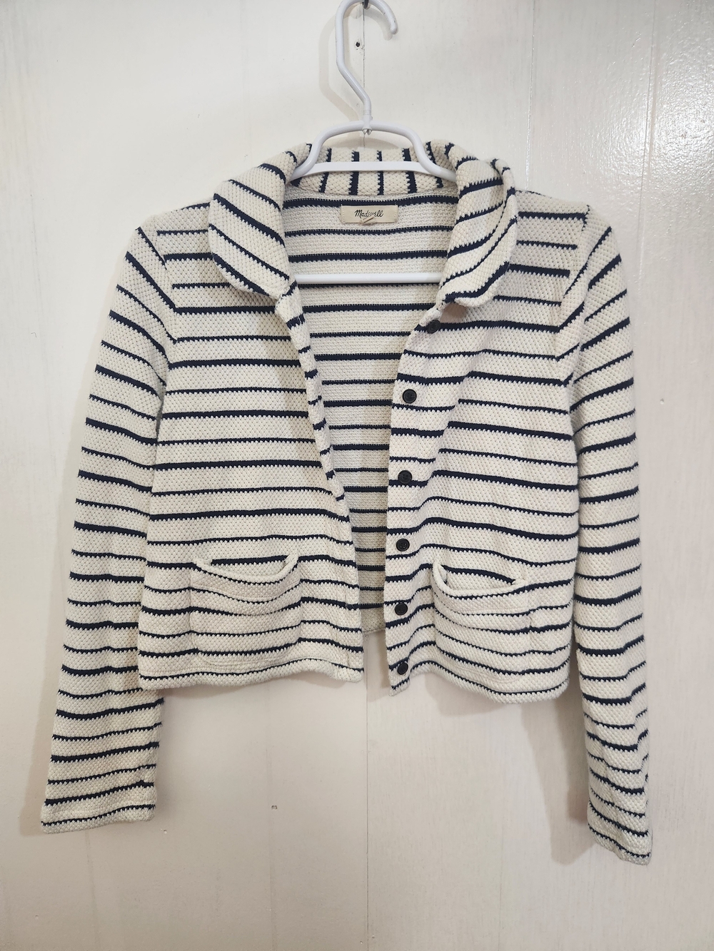 Madewell Womens Medium Ivory and Navy Striped Knit Crop Cartigan Sweater